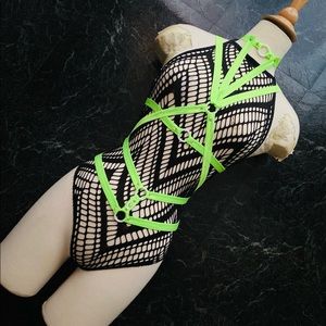 New! Blackbodysuit and custom neon green harness